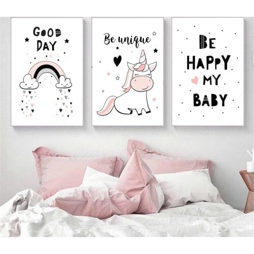 Abstract Unicorn Rainbow Wall Art Poster Alpaca Rabbit Animal Pictures Moon Art Print Quotes Canvas Painting Baby Kid Room Decor