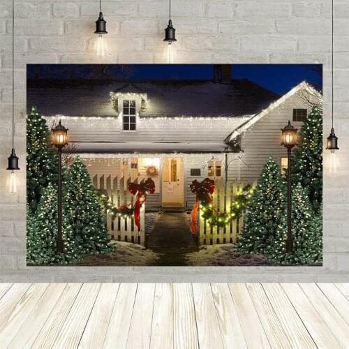Avezano Christmas Tree Winter Snow Gifts House Light Pine Outdoor Bow Decoration Background Portrait Backdrops For Photo Studio