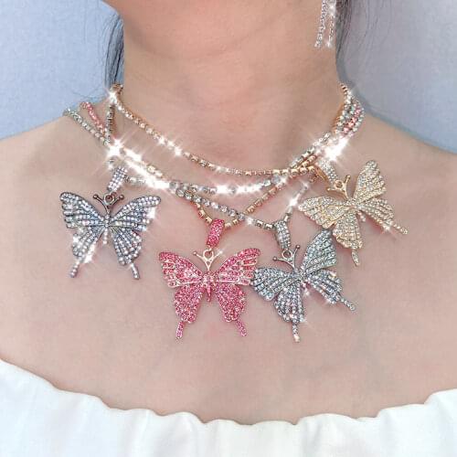 Bling Pink White Crystal Butterfly Pendant Necklaces for Women Girls 2020 Rock Fashion Animal Rhinestone Party Jewelry