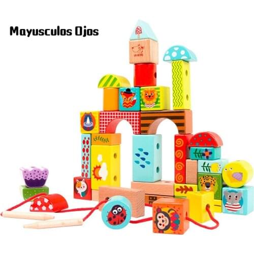 Children Wooden Early Education Intelligence Threaded Beaded Building Blocks Toys Beads Forest Animals Hand-eye Coordination