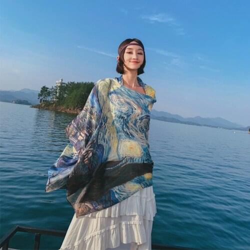 Women Tourist Photo Sunscreen Oversized Silk Scarf Desert Seaside Retro Oil Painting Scarf Shawl Dual-Use Exterior Neckerchief