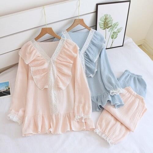 Fdfklak New Design V-Neck Pajama Sets For Women Long Sleeve Cotton Crepe Pyjamas Spring Autumn Sleepwear 2PCS Nightwear