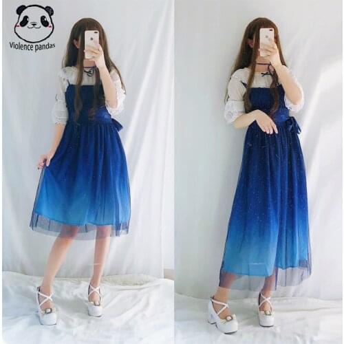 JSK Shinning Stars Lolita Dress Gradient JSK Star Blue Girls Solid Fancy Dress Lace Ruched Pleated Dress With Shirt Set