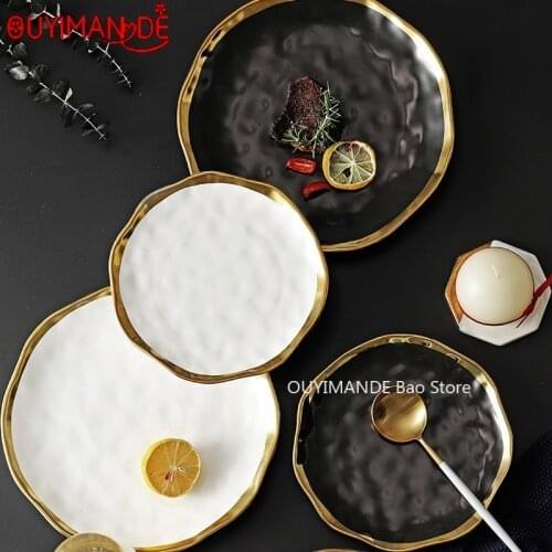 Ceramic Dinner Plate Gold Inlay Snack Dishes Luxury Gold Edges Plate Dinnerware Kitchen Plate Black White Set