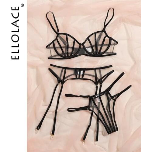 Ellolace Sexy Lingerie Exotic Costumes Push up Set Woman 3 Pieces Underwire Erotic Lingerie Underwear Set Transparent Underwear