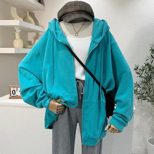 Korea Chic 2021 Autumn New Solid Color Hooded Zipper Sweatshirt Womens Loose Couple Casual Coat Female Fashion X898