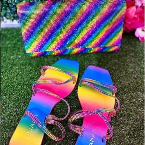 Fashion sexy roman rhinestone summer iridescent outdoor open-toed flat bottom female slippers Comfortable plus size Slippers