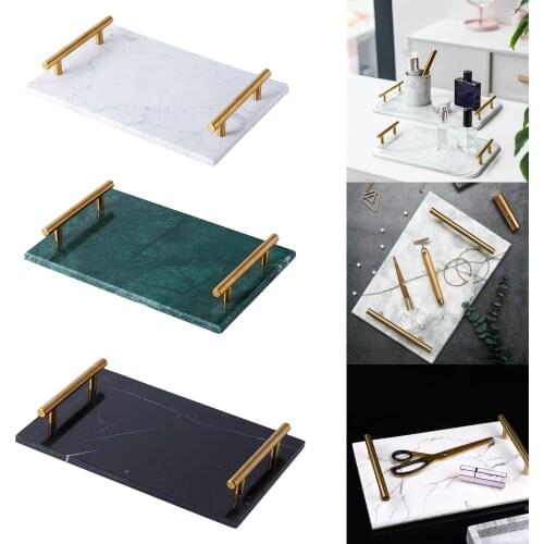 Natural Rectangular Marble Tray with Gold Metal Handles for Kitchen Bathroom