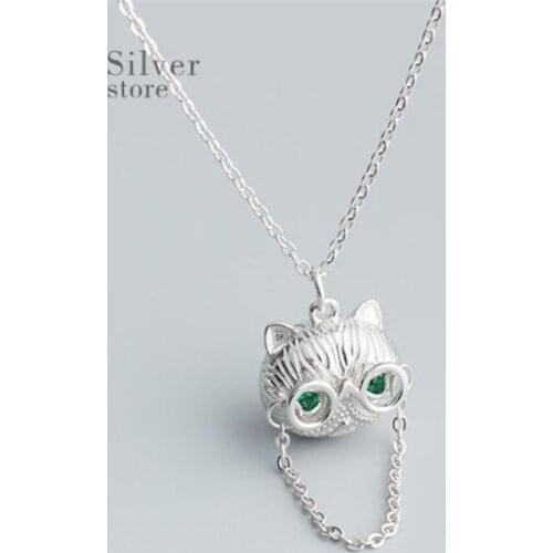 New Personality Glasses Cat 925 Sterling Silver Jewelry Hip Hop Temperament Green Crystal Pendant Necklaces N127
