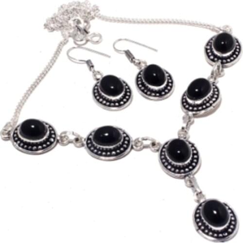Black Onyx Necklace + Jewelry Set Silver Overlay over Copper , 48.1 cm, N4357