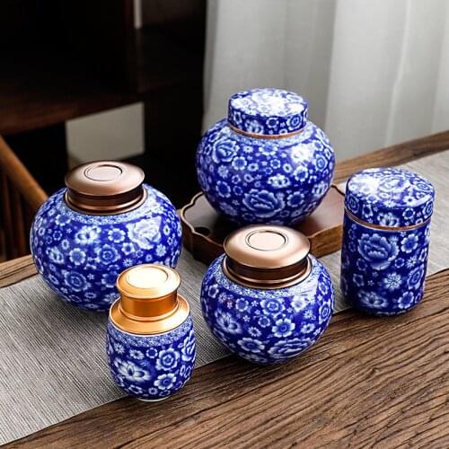 Blue and White Porcelain Tea Cans Double Aluminum Lid Sealed Cans Household Sugar Cubes Tea Coffee Beans Medicinal Storage Box
