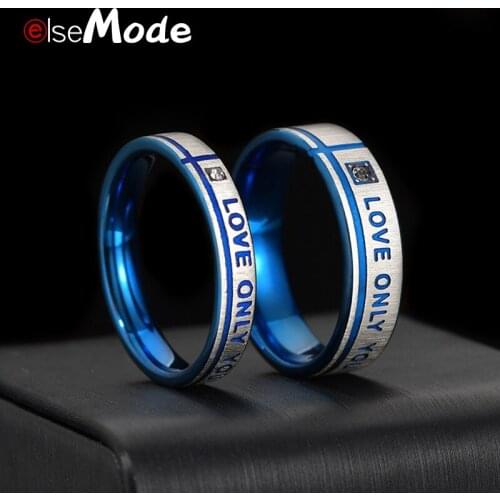 ELSEMODE Blue Stainless Steel Wedding Rings Cubic Zirconia I lOVE ONLY YOU Women Men Couple Jewelry Engagement Gifts