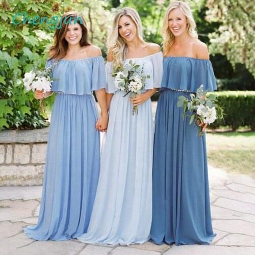 Chengjun Boat Neck Chiffon Blue Bridemaids Dresses for Wedding