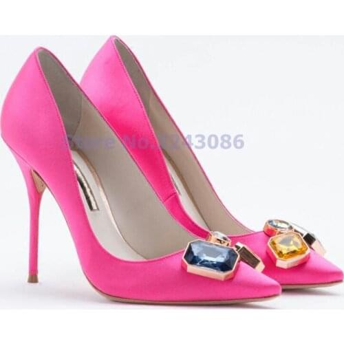 Silk Glittering Jewelry Pointed Toe Thin High Shoes White Black Emerald Green Red Slip-On Shallow Bridal Pumps