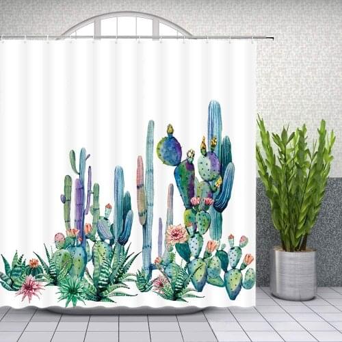 Cactus Shower Curtain Watercolor Aloe Plant Floral Bathroom Decor Designer Waterproof Polyester Fabric Home Bath Curtains Sets