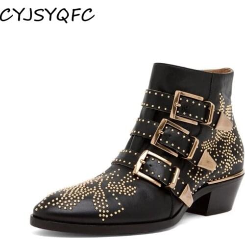 CYJSYQFC Women Ankle Boots Rivets Flowes Susanna Studded Genuine Leather Lady Boots Autumn Winter Luxury Short Boots Botas Mujer