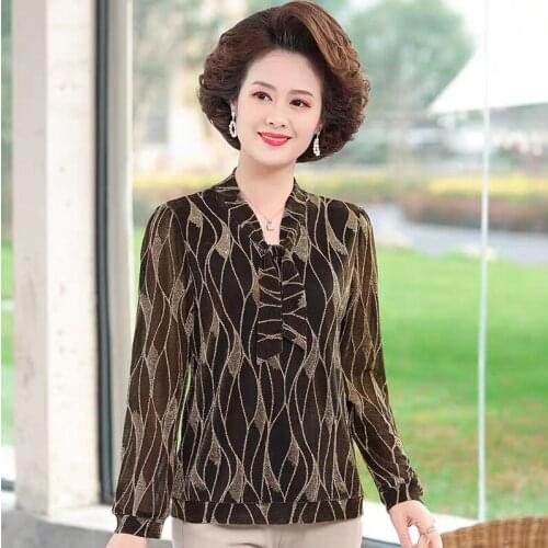 Middle Age Women Spring Autumn Lace Bottom Bow tie T-Shirts Pullovers Mother Long Sleeve Tops