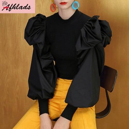 Fashion 2019 Autumn Slim Patchwork Knitting Women Round Neck Puff Sleeve Solid Color Streetwear Female Pullover Shirt Tops