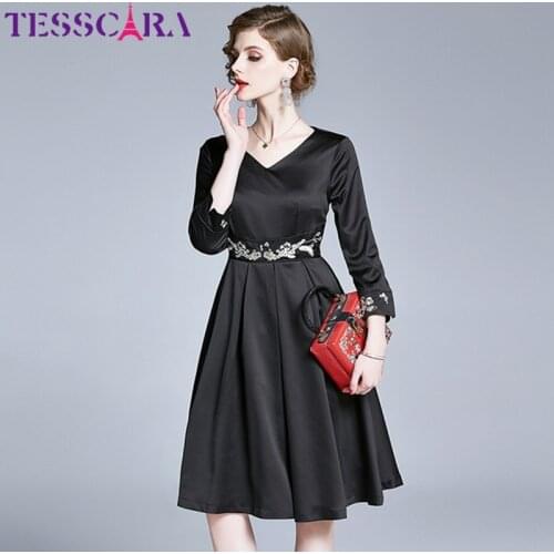 TESSCARA Women Spring Luxury Embroidery Dress Festa High Quality Vintage Cocktail Party Robe Femme V-neck Designer Vestidos