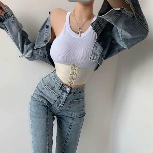 Summer fashion hollow U-neck hanging neck small vest stitching design elastic waist waistcoat women can wear outside wear
