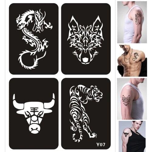 4 Designs/set Airbrush Glitter Tattoo Stencil Dragon Tiger Wolf Cow DIY Drawing Template Henna Tattoo Stencil Tattoo Pochoir