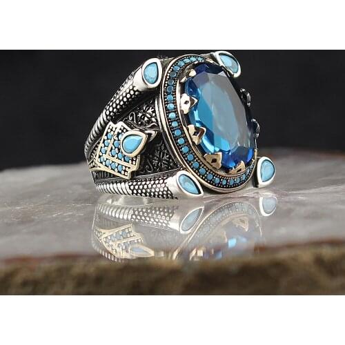 925 sterling Silver Men 'S Jewelry Crystal Cut Blue Topaz Cubic Zirconia Men Ring