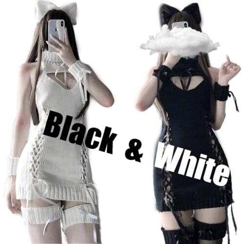 Anime Cat Cosplay Costumes Sexy Virgin Killer Sweater Open Chest Back Hollow Ribbon Strap Top Bandage Dress 2020 New Dropship