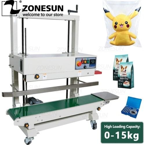 ZONESUN Automatic Continuous Vertical Type Sealing Machine Big Plastic PE Film Foil Kraft Paper Bag Sealer with Print Batch Date