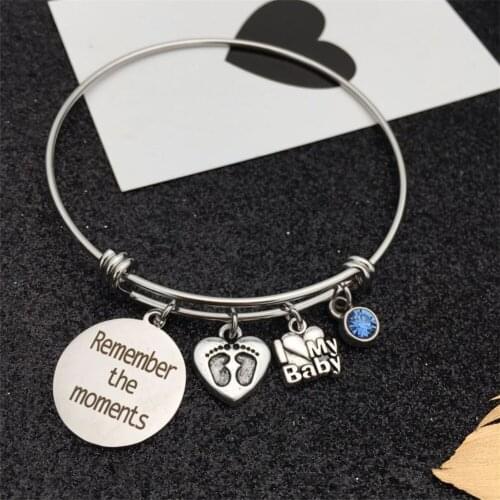 Mother Bracelets Stainless Steel Wire Bangle Baby Show Remember the Moments Birthstone Charms New Mother Gift
