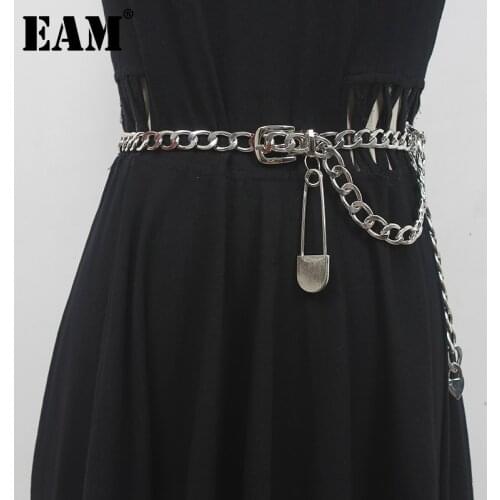 [EAM] Metal Chain Spliced Pin Long Irregular Belt Personality Women New Fashion Tide All-match Spring Autumn 2021 1DE0255
