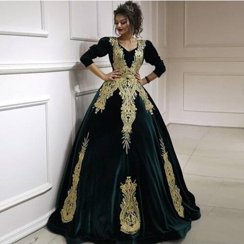 Elegant Emerald Green Evening Dress Long Gold Appliques Velvet Formal Dresses Prom Party Gown Dubai Vintage Muslim Gowns