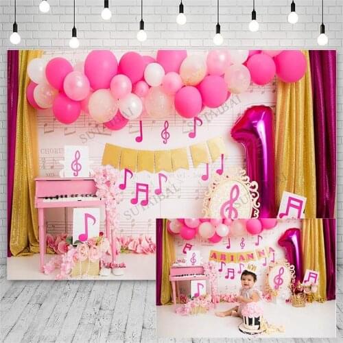 Girl 1st Birthday Party Backdrop Baby Shower Pink Balloon Flower Piano Decor Photography Background Kid Portrait Photocall Booth
