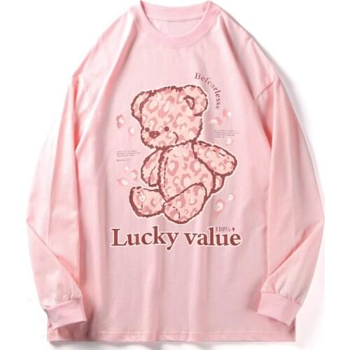 LACIBLE Unisex Harajuku Hip Hop Cartoon Bear Graphic Print Long Sleeve Tees Shirts Streetwear Cotton Casual Long T shirts Tops