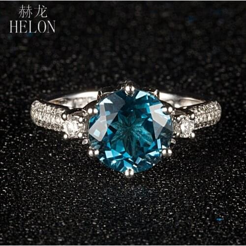 HELON Solid 14K White Gold Flawless Round 9mm London Blue Topaz Diamonds Engagement Wedding Ring Women Fine Jewelry Diamond Ring