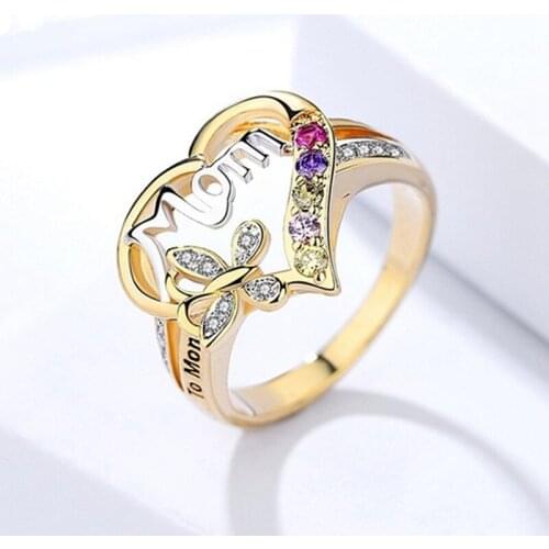 Top Quality Mothers Day Gift Mom Hollow Out Design Heart Butterfly Crystal Ring Women Mum Love Jewelry Bague