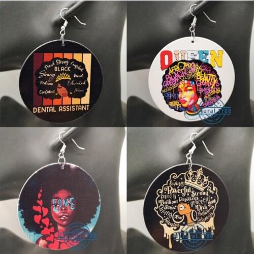 Round Black Queen wooden earrings