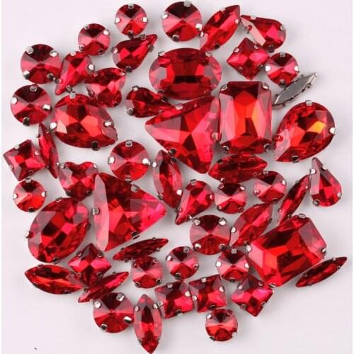 Silver claw setting 50pcs/bag shapes mix Red glass crystal sew on rhinestone wedding dress shoes bag diy trim