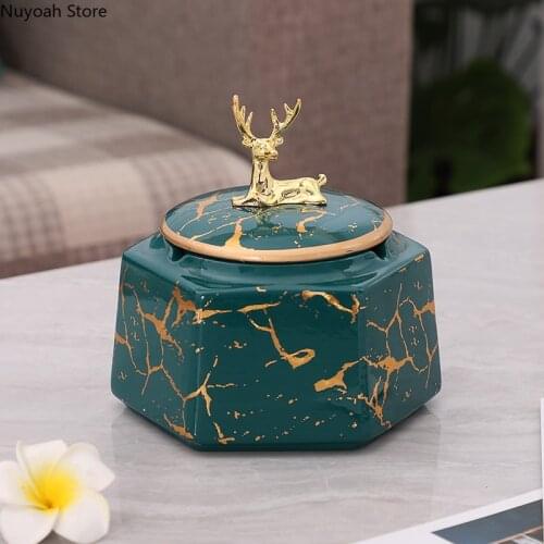 Golden Elk Ceramic Ashtray Marble Pattern Household Storage Box Living Room Coffee Table Decoration Creative Storage Decoration