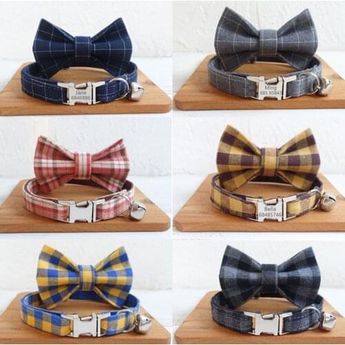 Personalized Cat Collar with Bell Bowtie Engraving ID tags Nameplate Plaid Collar for Cats Kitten Dogs Puppy Collar with Bowtie