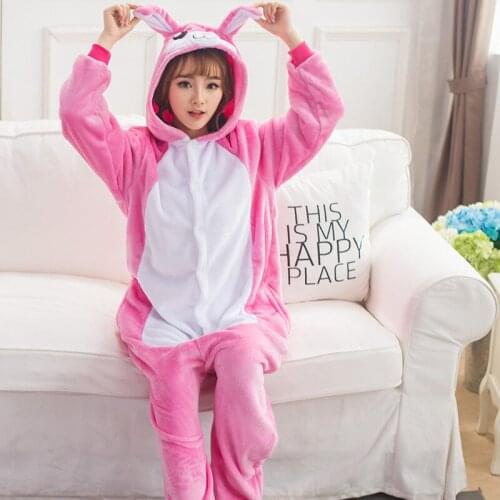 Kigurumi Rabbit Pajamas Adults Animal Onesies Winter Sleepwear Women Men Flannel Nightwear Cosplay Costumes