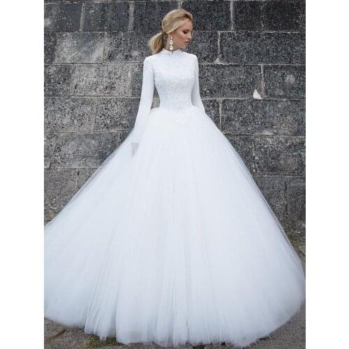 Muslim Wedding Dress Modest Design High Neck Long Sleeve Ball Gown Lace Tulle Bridal Gowns Floor Length vestidos de novia