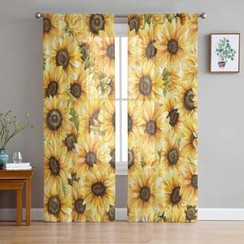 Sunflower Watercolor Flowers Screens Voile Tulle Sheer Curtains for Bedroom Living Room Kitchen Decor Chiffon Windows Curtain