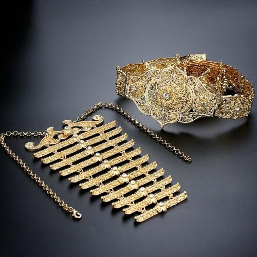 Sunspicems Caucasian Turks Belt Breastplate Gold Color Crystal Bridal Robe Wedding Jewelry Sets Algeria Morocco Caftan Bijoux