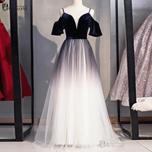 Off the Shoulder Dark Blue Prom Dresses Long Spaghetti Straps V-Neck Velvet Bodice Lacing Back Tulle A-Line Formal Evening Gowns