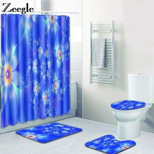 Zeegle 4pcs Bathroom Mat Set Soft Foot Mat for Bathroom Decoration Waterproof Shower Curtain with Hooks Anti Slip Bathroom Rugs