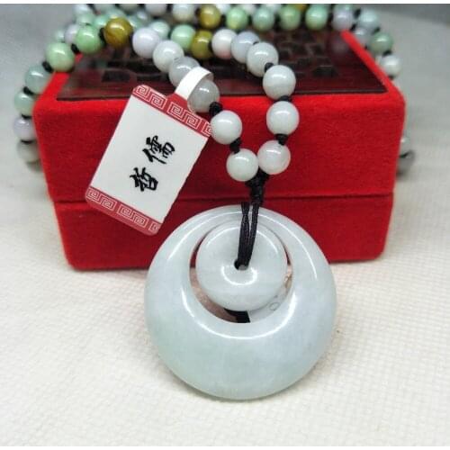 Zhe Ru Jewelry Pure Natural Jadeite Light Green Double Donut Pendant Tricolor Jade Bead Necklace Send A-level National Certifica