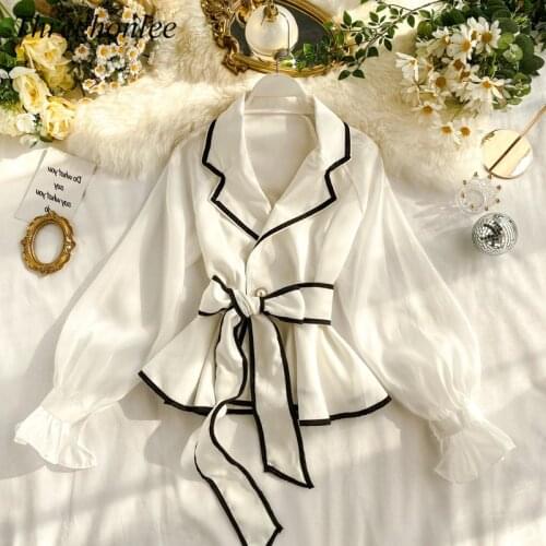High Quality Women Blouse Shirt Ins Fashion Sashes Bandage Blouse Puff Sleeve Office Lady Elegant Top Blusas Mujer