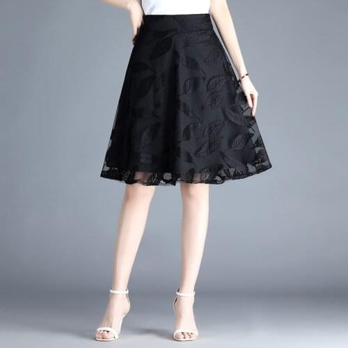 2021 Summer Women Plus Size 4XL Black Mesh Embroidery A-line Skirt Female Elegant Fashion Loose Casual Knee-length Skirts 6277