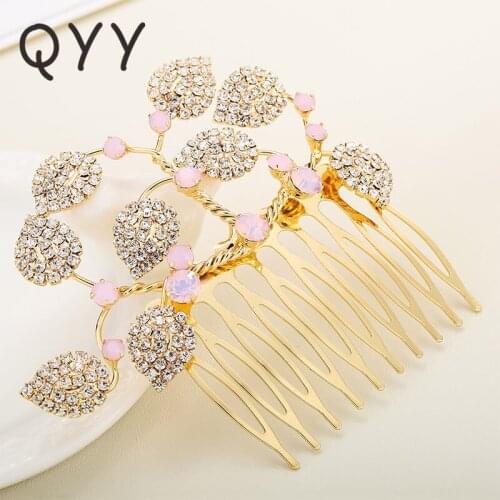 QYY Metal Alloy Leaves Hairpins Rhinestone Hair Combs Women Hair Jewelry Accessories Wedding Hair Clips
