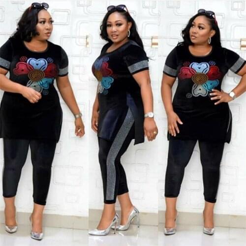 HOUSEOFSD Fashion Ladies Velvet 2 Piece Tracksuit Women Casual Plus Size Short Sleeve Top+Pencil Pants Set Sport Suit For Women
